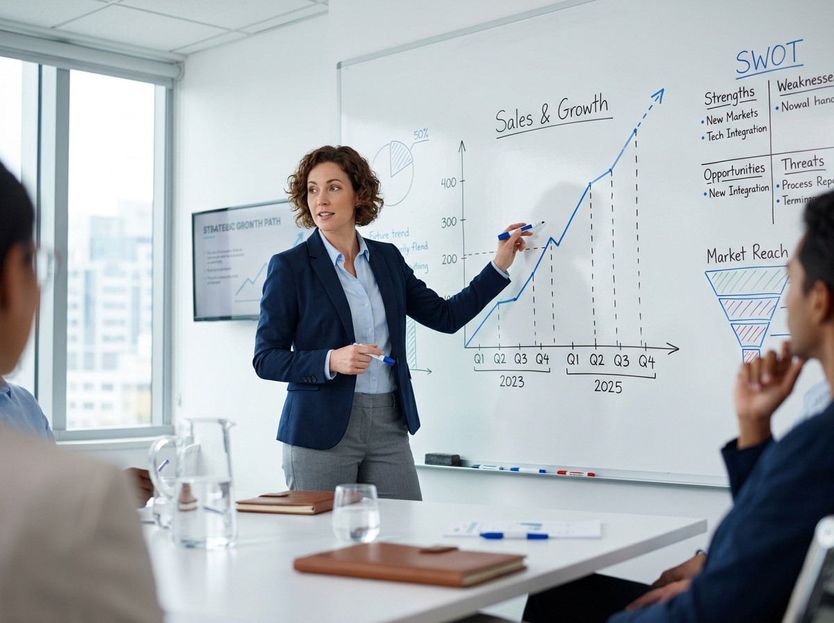 An instructor presenting a sales and growth strategy on a whiteboard to a small team.