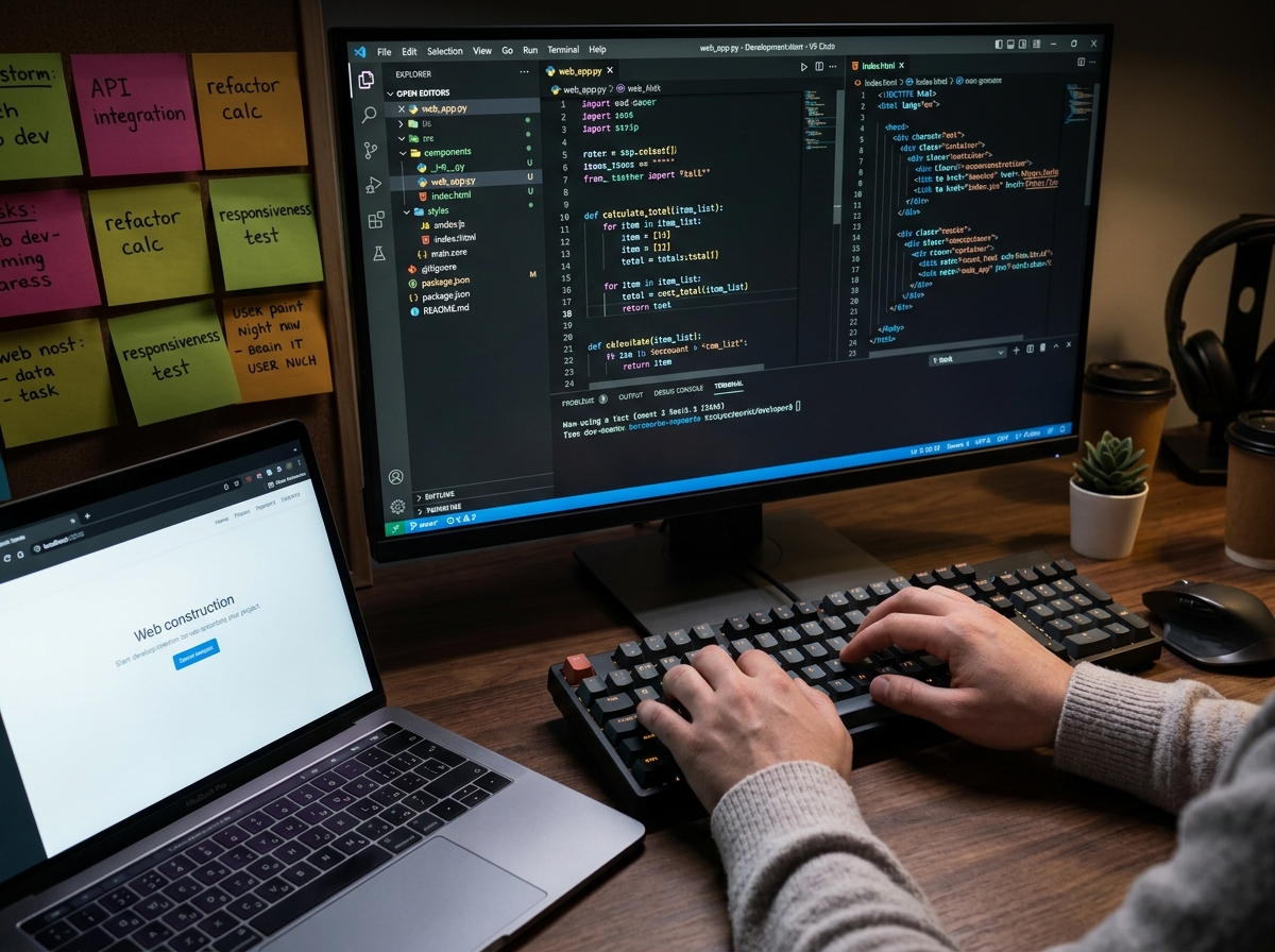 A developer typing code at a mechanical keyboard with a syntax-highlighted editor on screen.