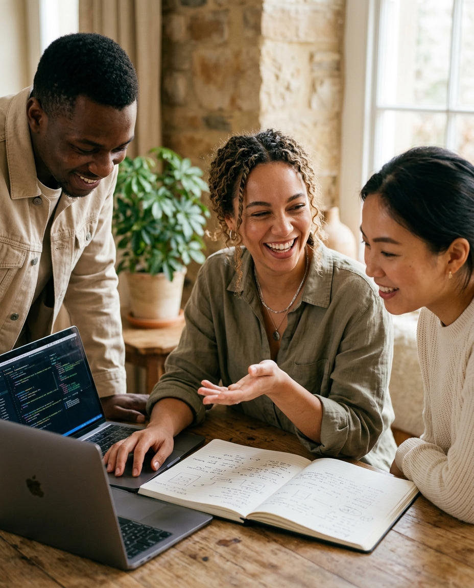 Three colleagues laughing together while collaborating around a laptop and notebook.