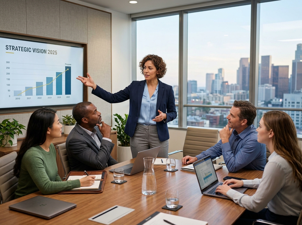 A leader presenting a strategic vision to her team in a bright conference room.