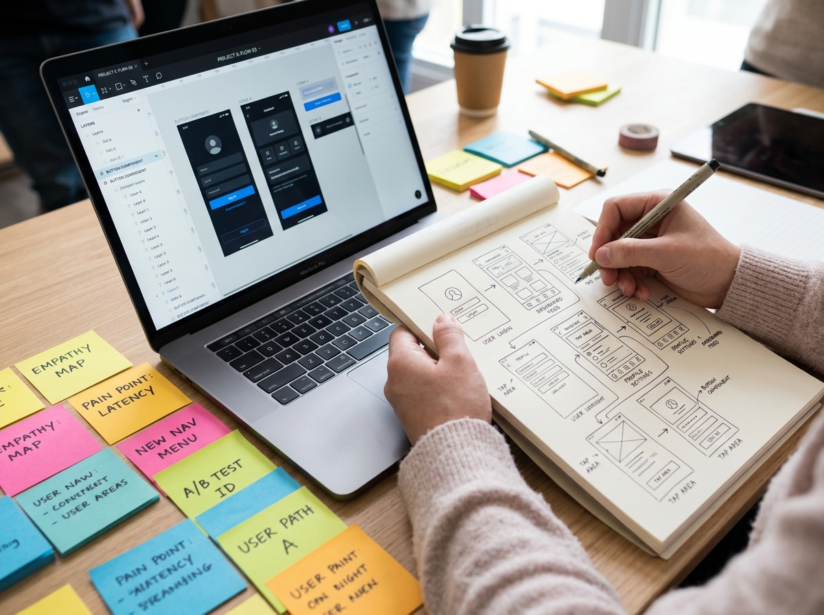 A designer sketching app wireframes in a notebook next to a laptop with a UI design tool open.