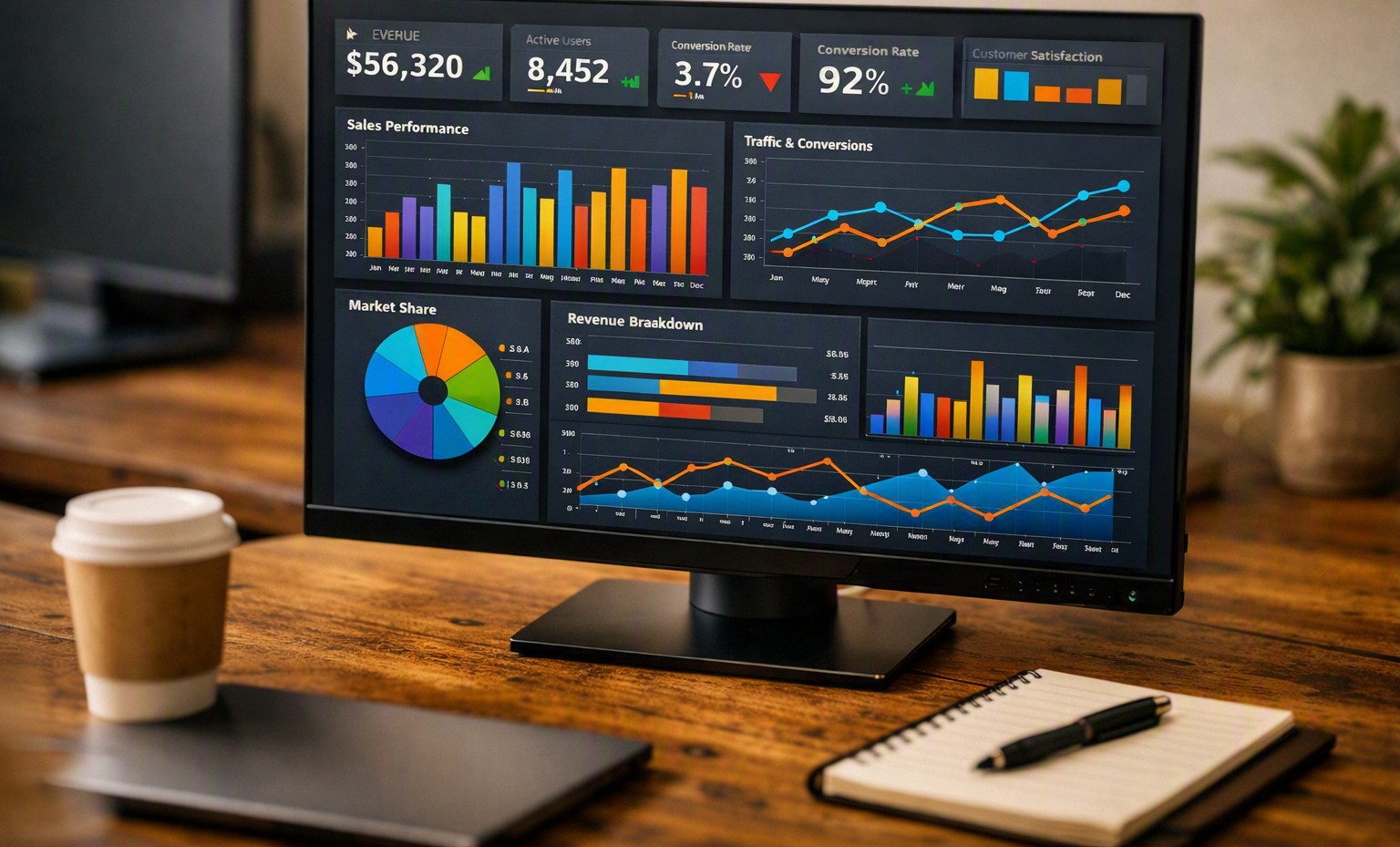 A colorful analytics dashboard with sales, traffic, and revenue charts displayed on a desktop monitor.