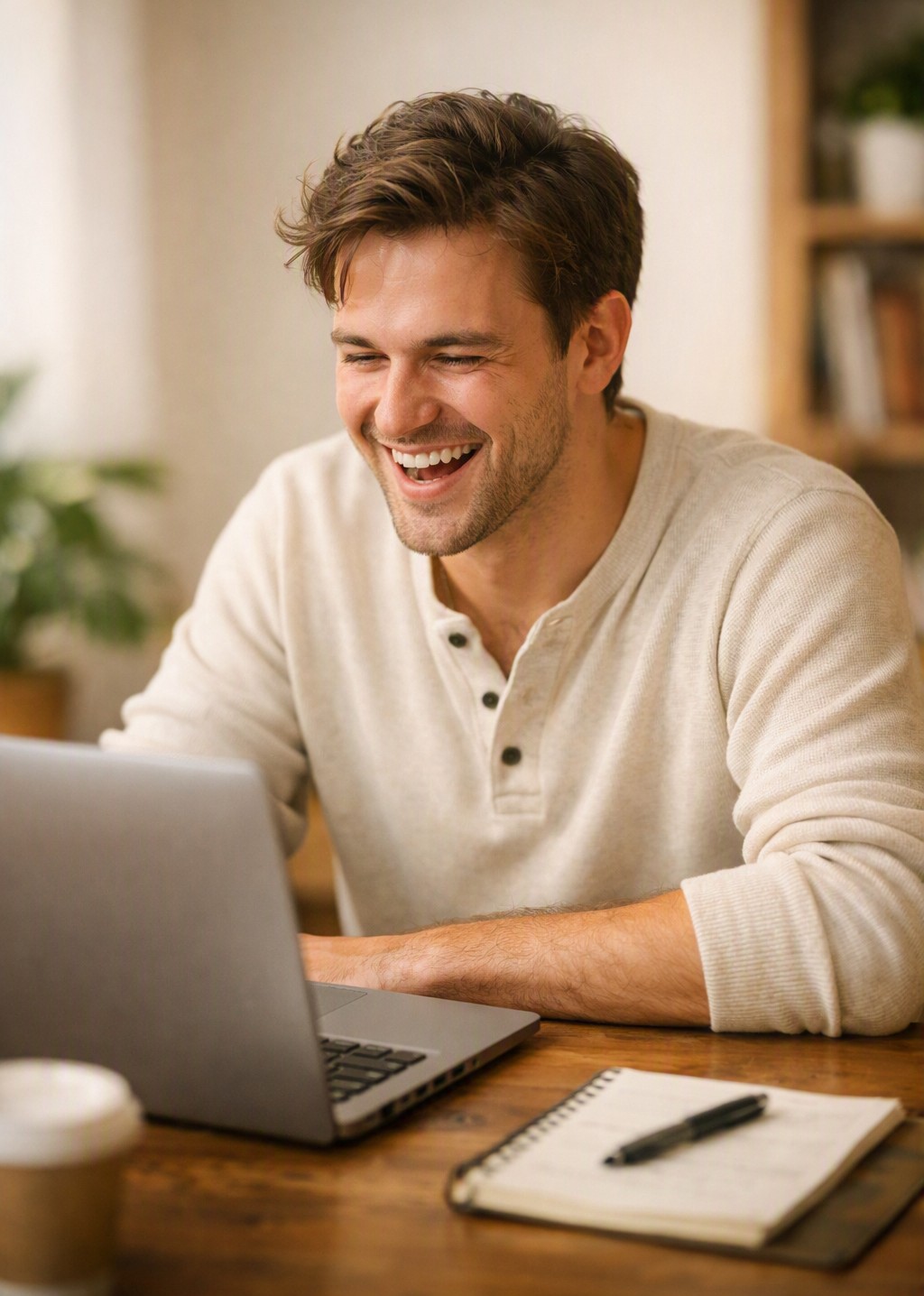 A learner smiling while working through a lesson on his laptop at a wooden desk.